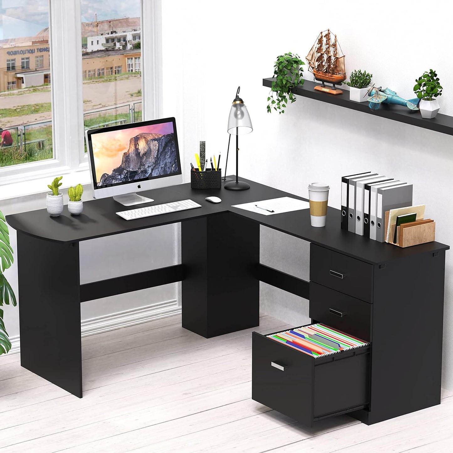 SHW 51 x 59 Inches L-Shaped Home Office Wood Corner Desk with Box Box File Drawers, Black