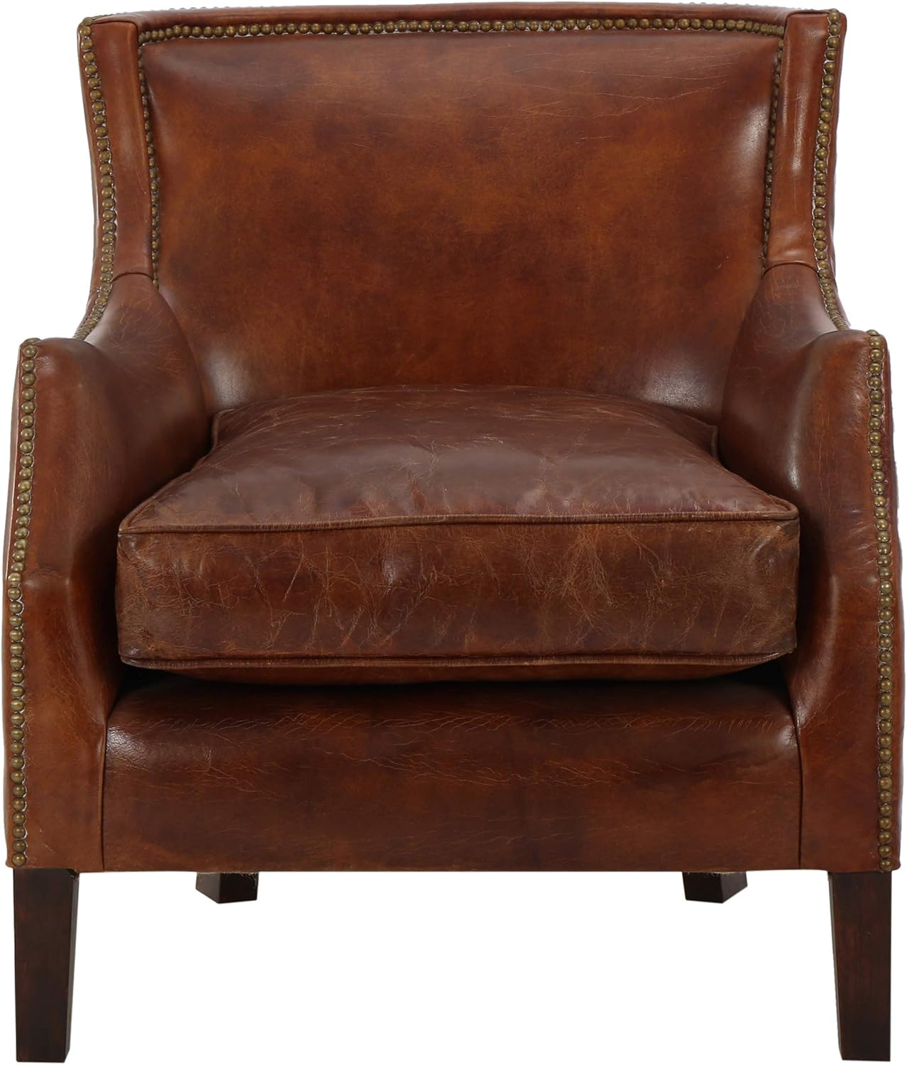 Christopher Knight Home Padon Mid-Century Modern Top-Grain Leather Accent Chair with Cushion, Modern Wingback Living Room Club Chair, Wooden Bedroom Comfy Reading Chair, Brown