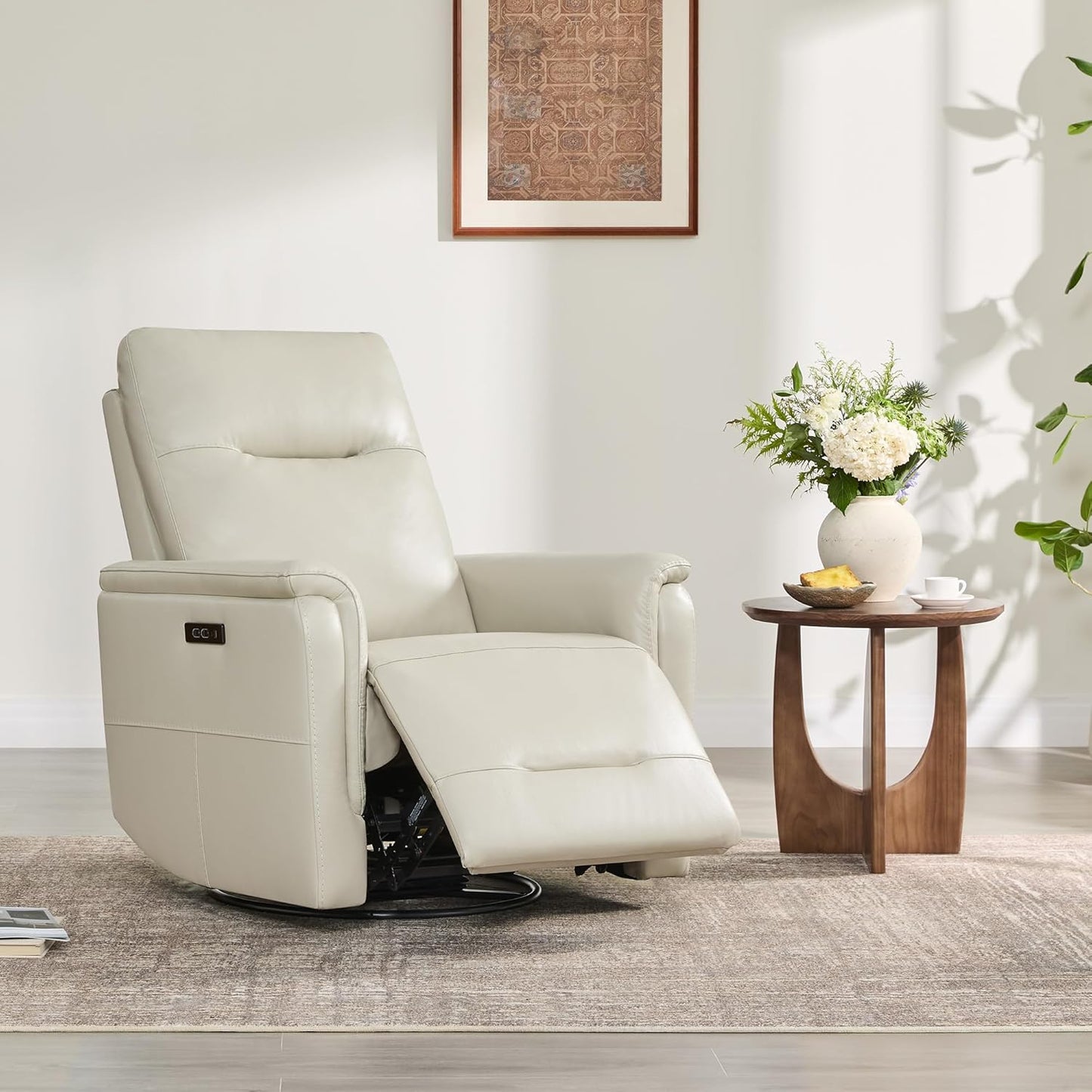 Watson & Whitely Genuine Leather Power Recliner Chairs W Power Headrest for Adults, Swivel Glider Recliner Chair W Charging Ports for Living Room, Light Grey
