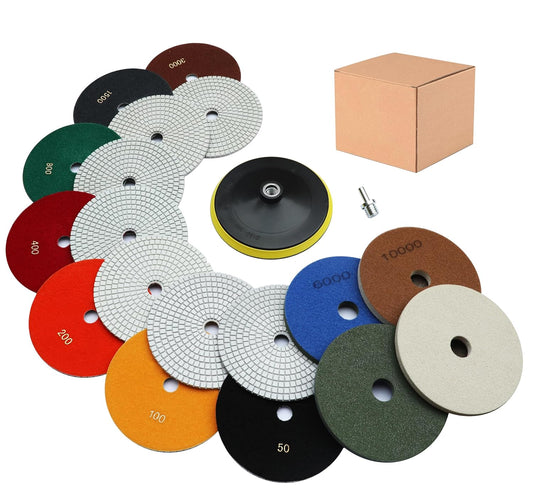11 Packs 7 Inch Diamond Polishing Pads with 5/8"-11 Backer Pad 9 PCS Wet/Dry Polish Pad Kit for Drill Grinder Polisher 50-10000 Grit Pads for Marble Tile Quartz Granite Concrete Countertop