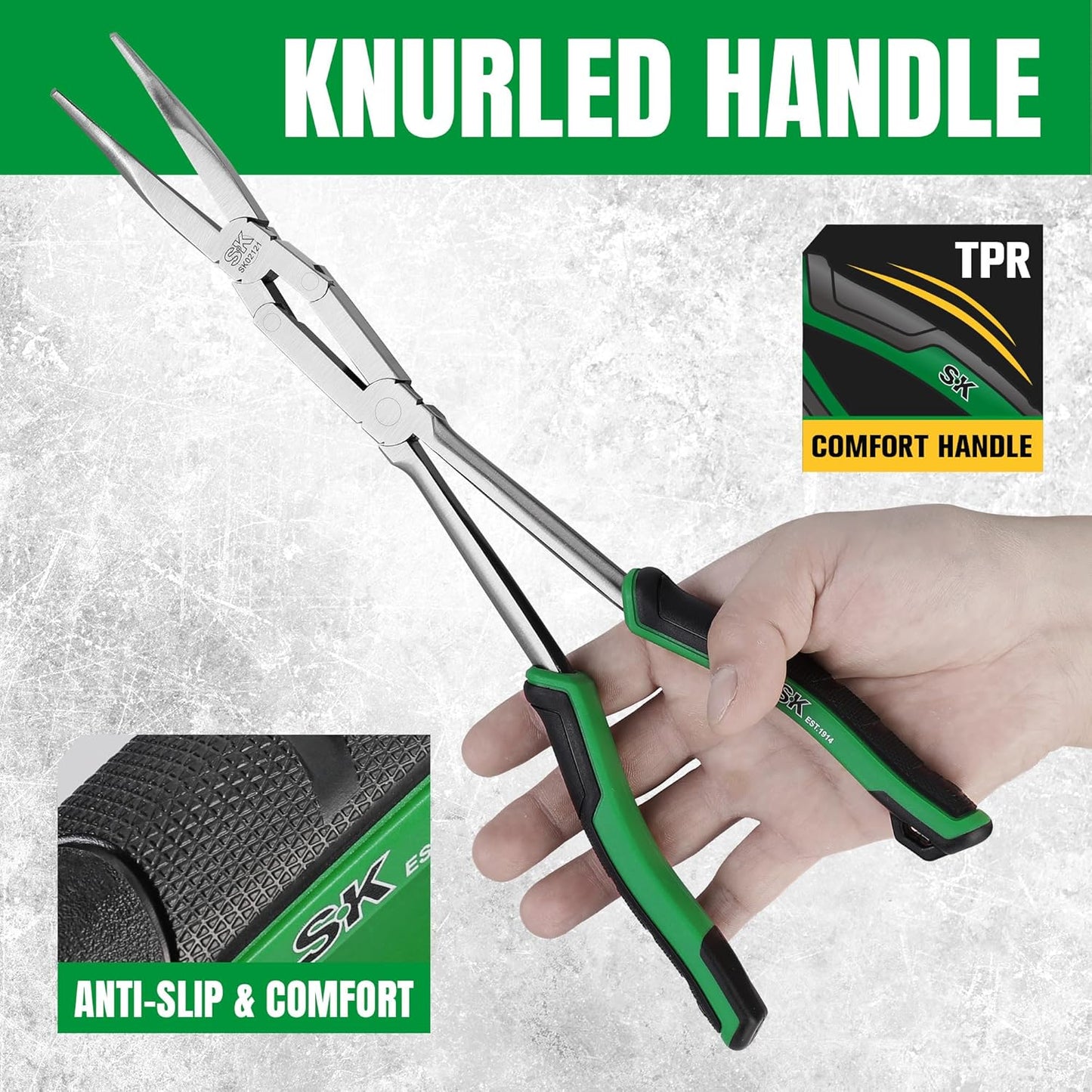 SK 2-Piece Double Compound Long Reach Pliers Set, 13-Inch Straight Long Nose Pliers, 45° Bent Nose, with Comfort Grips, Premium CR-V Steel Construction