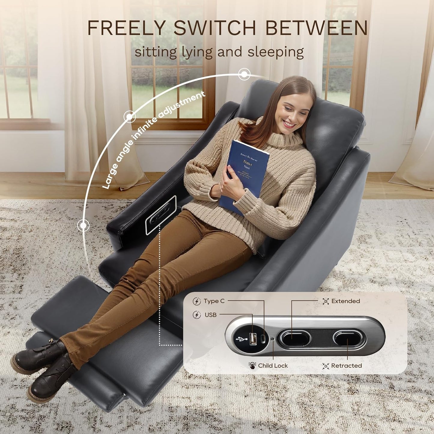 COLAMY Pushback Electric Recliner Chair, Premium Leather Upholstery with Adjustable Angles, Extra Lumbar Pillow, Built-in Charging Port, Business-Casual Style for Living Room,Grey