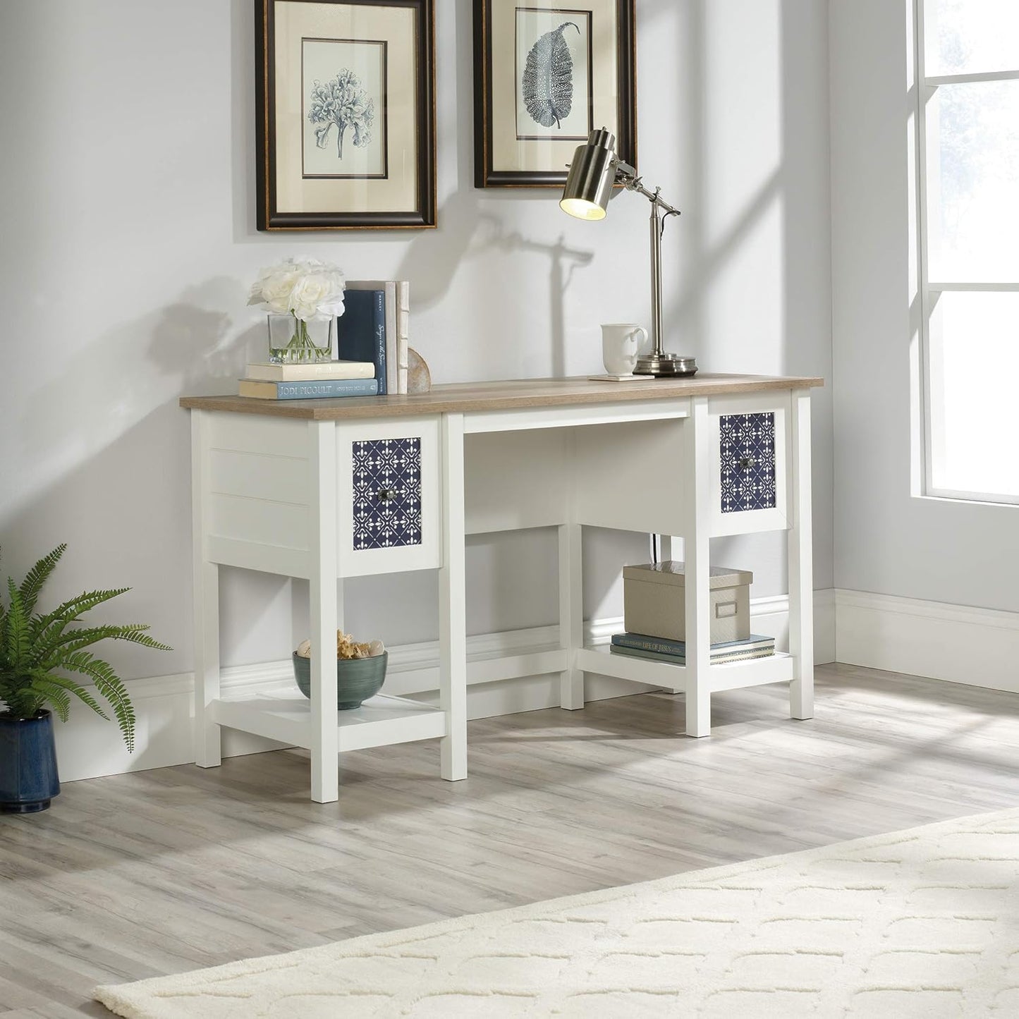 Sauder Cottage Road Computer Desk with Drawers and Storage Shelves, Small Study Desk, in Soft White and Decrotive Tile Pattern