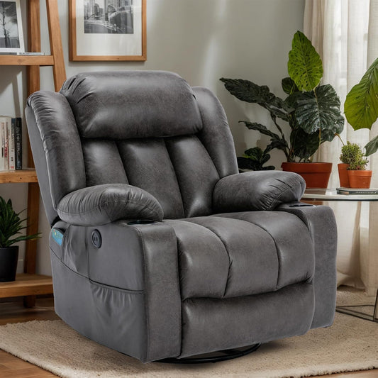 VIVIJASON Manual Swivel Rocking Glider Recliner Chair with Heat & Vibration Massage, 360° Swivel Overstuffed Reclining Chair with 2 Cup Holders, Side Pockets & USB Ports for Living Room, Gray