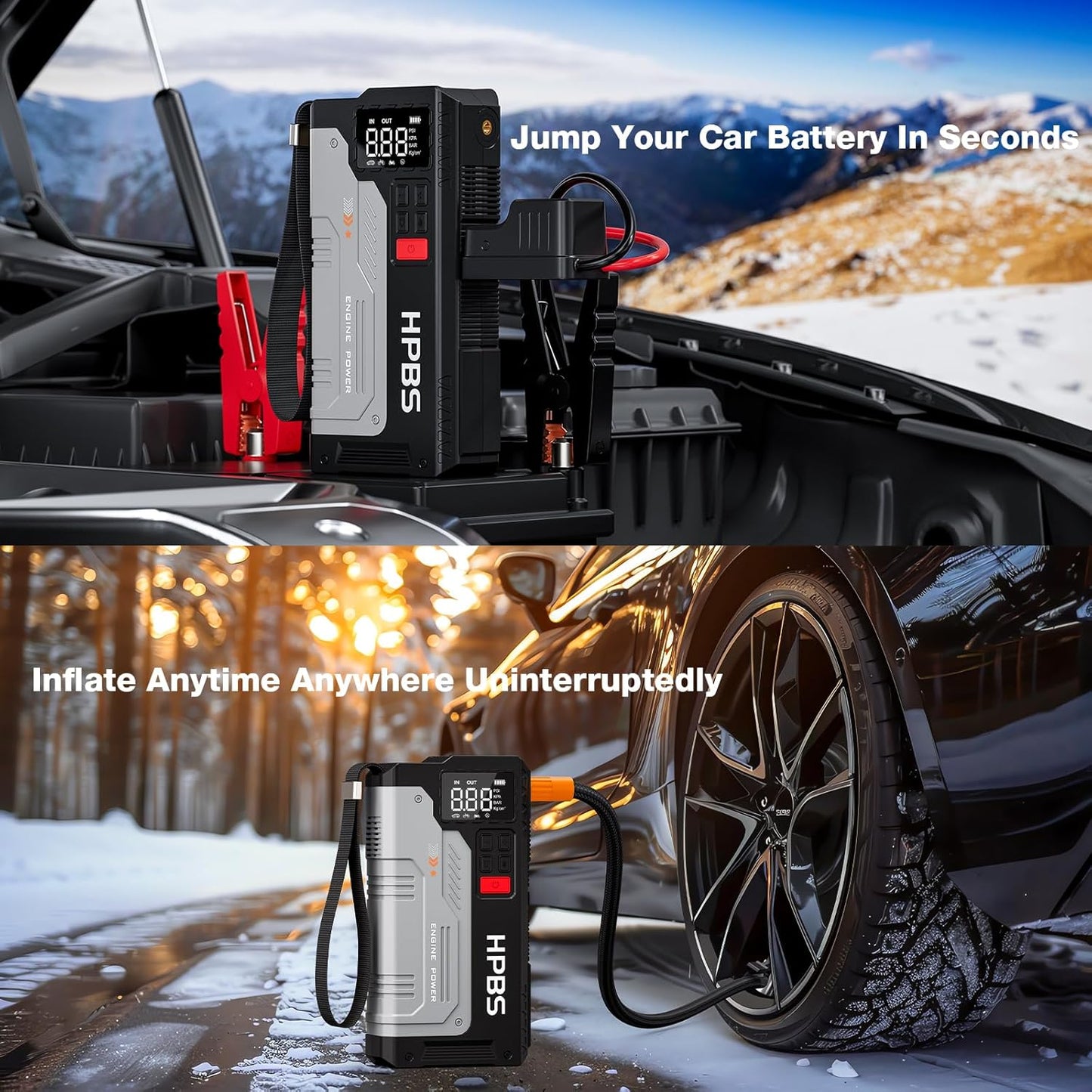 Car Jump Starter with Air Compressor, 5000A Portable Jump Starter Car Pack with 150PSI Tire Inflator for Up to 10.0L Gas and 8.0L Diesel Engines, 12V Jump Starter Box with LCD Display