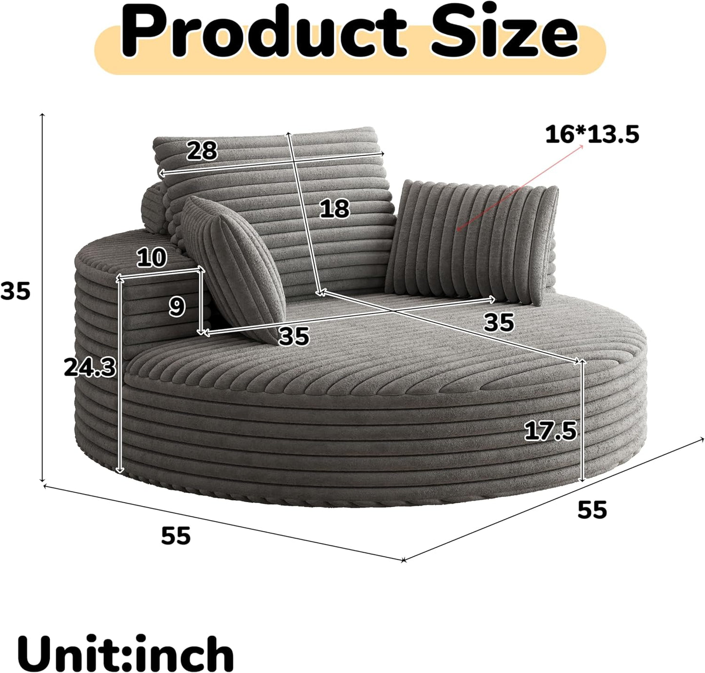 TTK 55” Oversized Corduroy Swivel Chair, Fluffy 360° Rotating Sleeper Armchair with Pillows & Headrest, Full Foam Barrel Chair for Living Room, Bedroom, Reading Nook, Lounge or Apartment,Gray