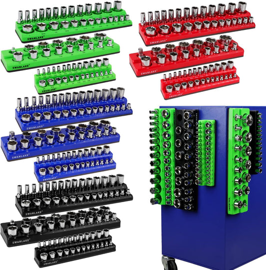 SWANLAKE Magnetic Socket Organizer Set, 1/4", 3/8", 1/2" Sockets Holds 286 Pieces Magnetic Socket Trays (Blue&red&black&green, 12 Pcs)