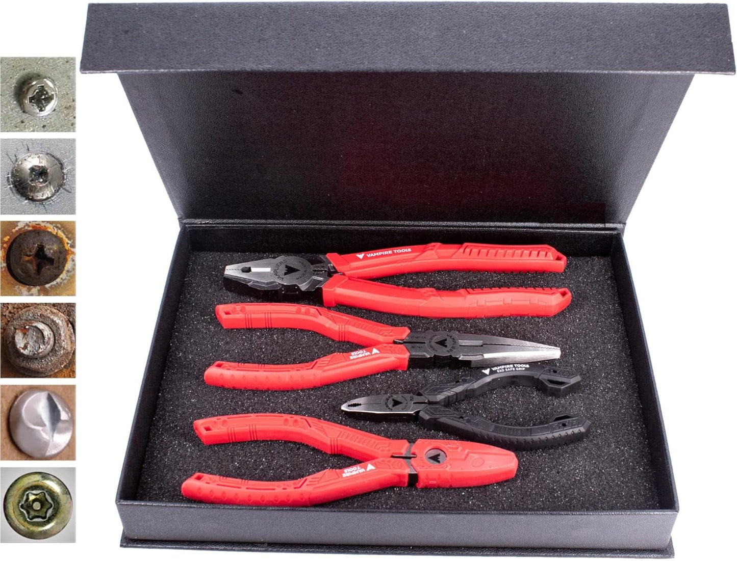 VAMPLIERS 4-PC Screw Extractor Pliers Set Made in Japan: 8" Linesman, 7.5" Long Nose, 6.25" Combination, 5" ESD Safe Mini Plier + Tool Pouch. Remove any Stripped/Damaged/Rusted Screws.