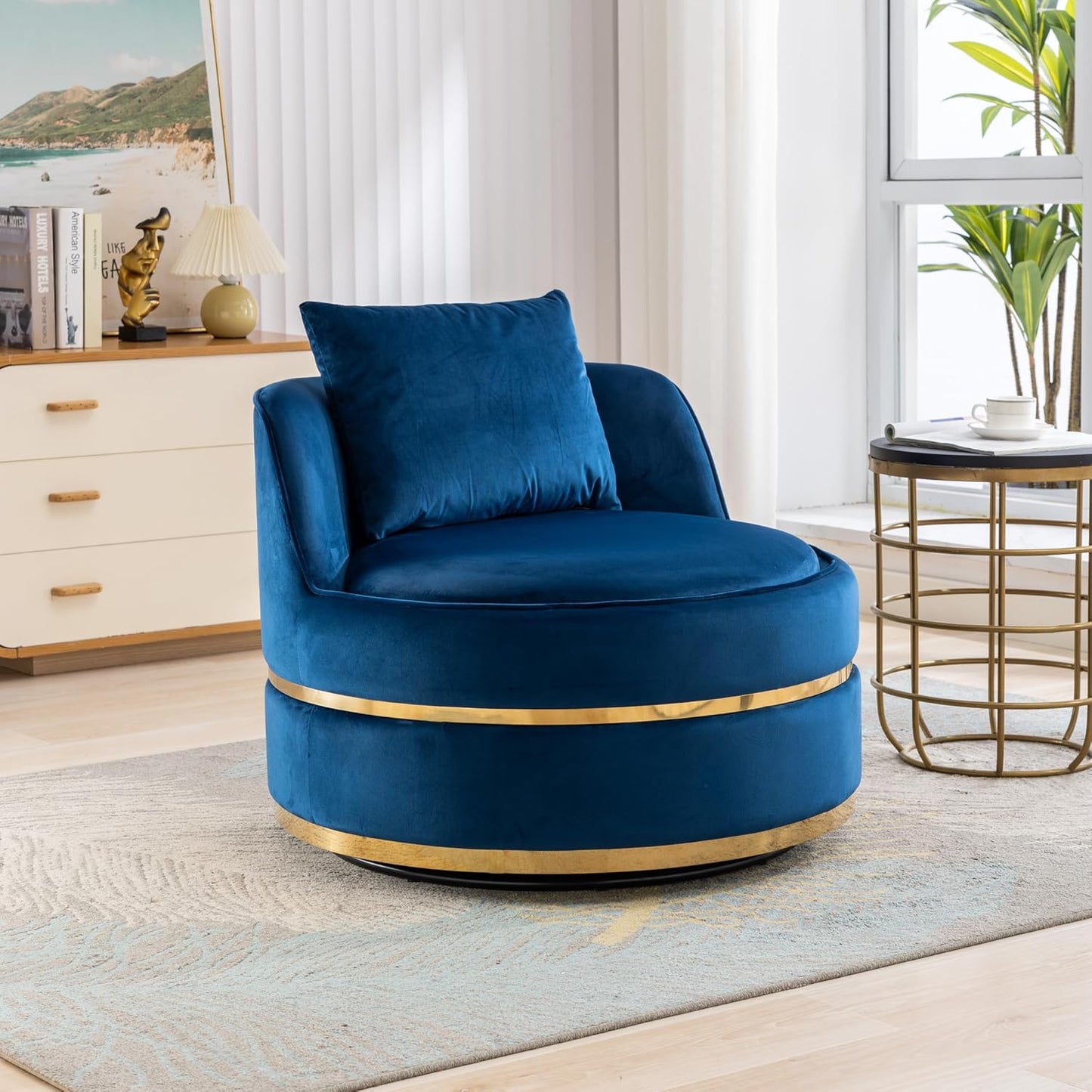 Ball & Cast 360°Swivel Accent Chair with Pillow,Velvet Upholstered Oversized Barrel Chair with Seat Cushion for Reading,Movies,Nap in Living Room,Bedroom,Apartment,Black