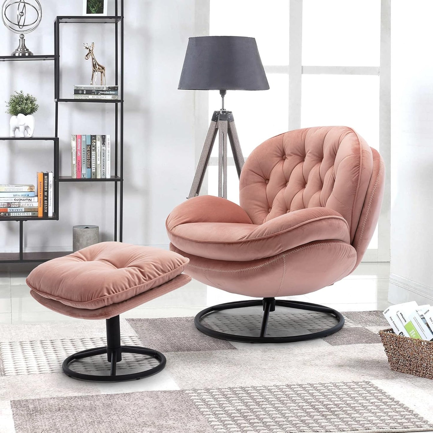 Velvet Cozy Chaise Lounge Indoor, Oversized Swivel Reading Chair with Footrest, Accent Chair with Ottoman Set for Living Room, Bedroom, Reading Room, Home Office, Metal Base Frame (Beige)