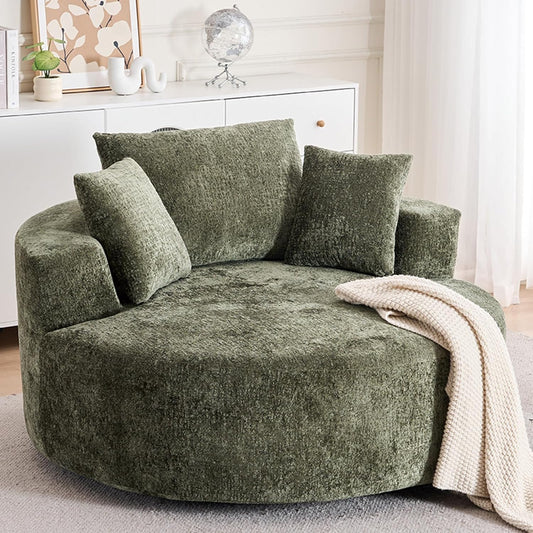 54.33" Oversized Round Chaise Longue Chair Indoor, 360° Swivel Round Upholstered Sofa, Modern Chenille Accent Chair with Pillow for Living Room, Bedroom Apartment,Green