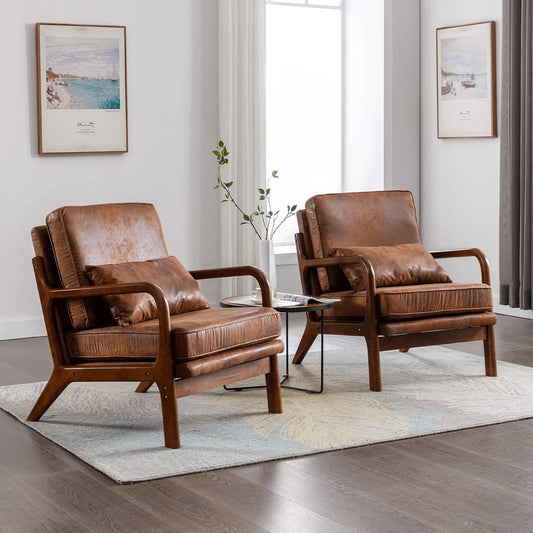 Accent Chair Set of 2- Mid-Century Modern Chairs Living Room Furniture Set Bedroom Reading, Solid Wood Arm Chair Lumber Pillow, Comfy Cushion Ergonomic Lounge Armchair Brown Leather Office Side Chair