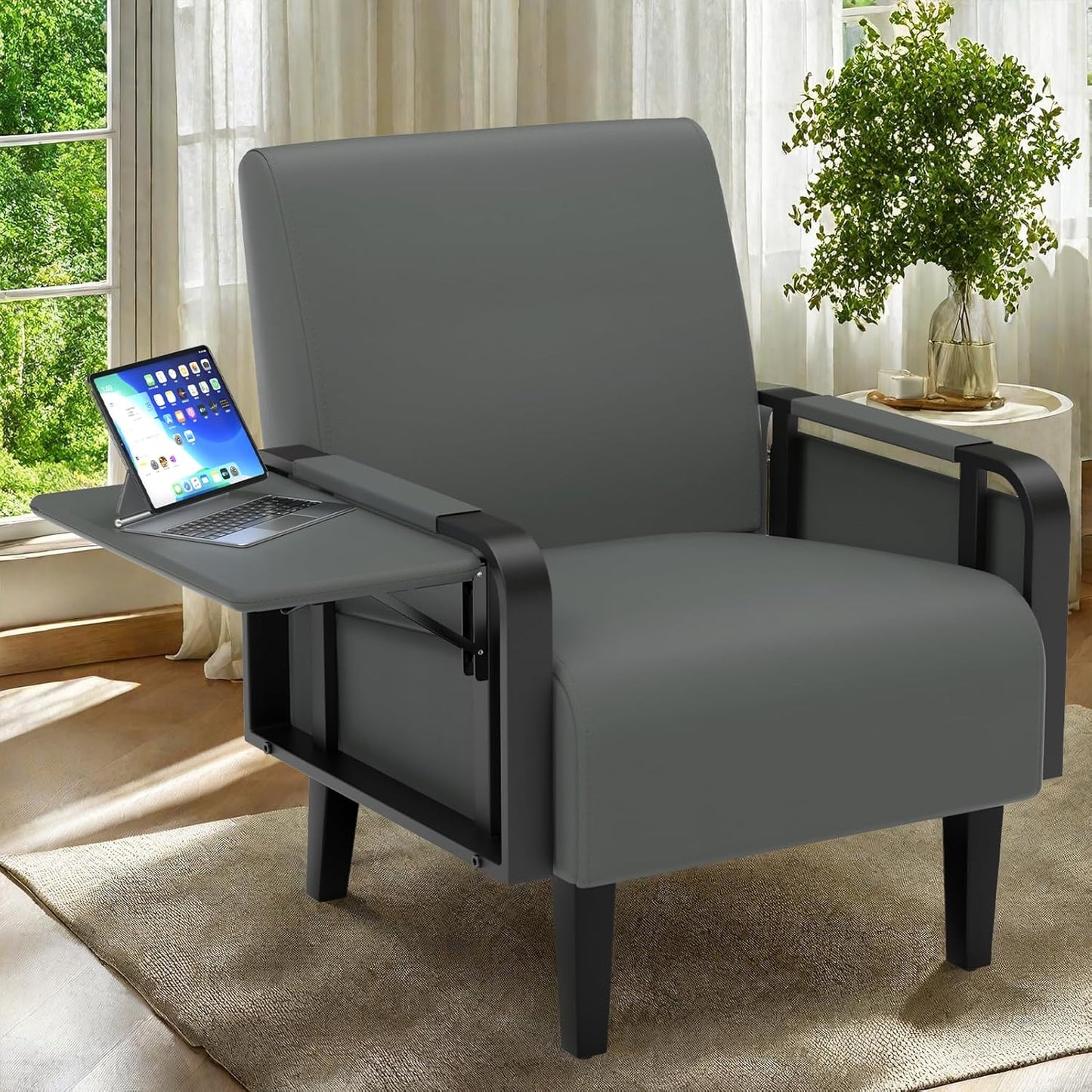 Upholstered Accent Chairs Set of 2, Faux Leather Armchair with Tray Table, Comfy Reading Chair for Living Room, Bedroom, Guest Room, Gray