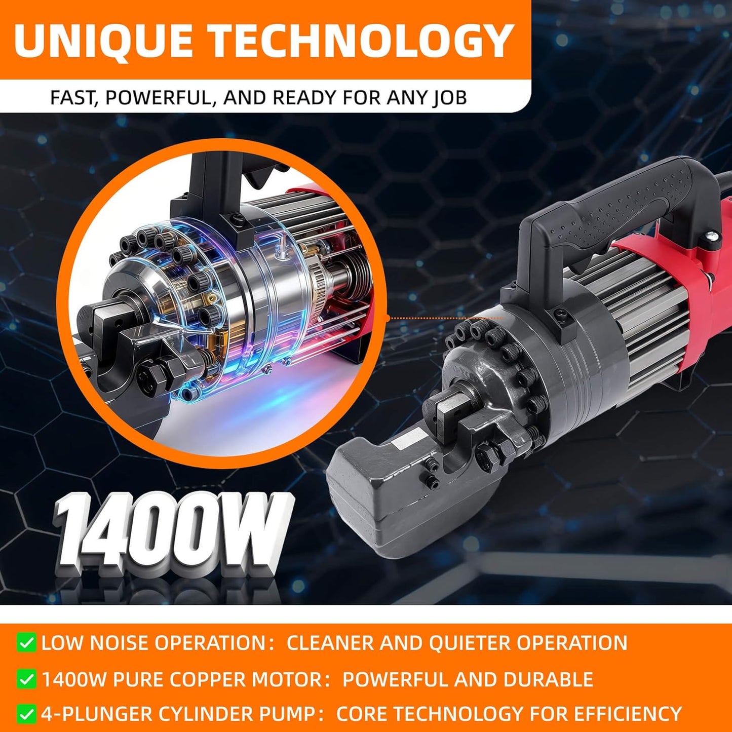 7/8 inch 1400W Electric Hydraulic Rebar Cutter with Pure Copper Motor,Fast 2-3s Cutting for Construction,Cuts 3/16"(5mm) - 7/8"(22mm) #7 Rebar,110V,Portable with Toolbox,RC-22