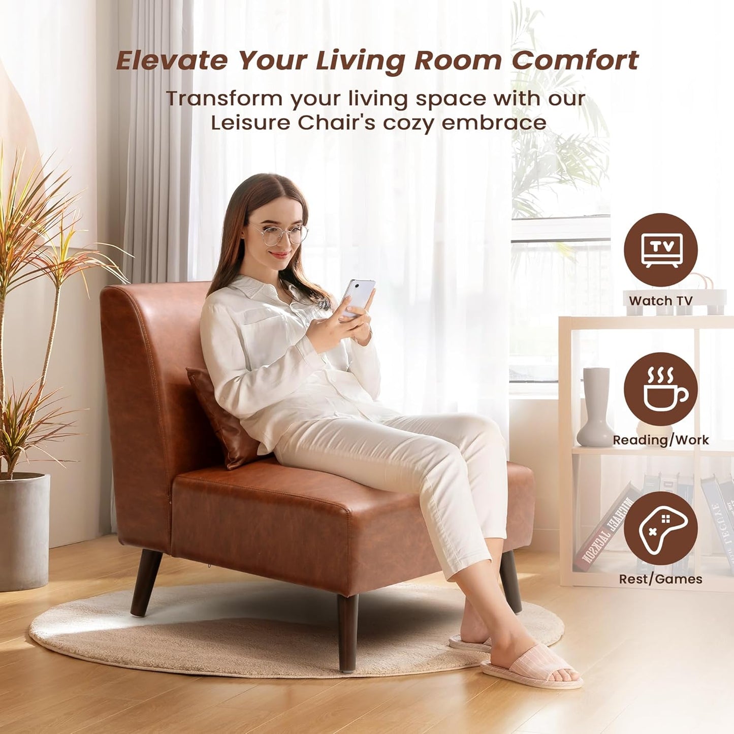 Armless Accent Chair for Living Room Mid Century Modern Brown Leather Accent Chair and a Half Oversized Slipper Chair with Pillow for Bedroom