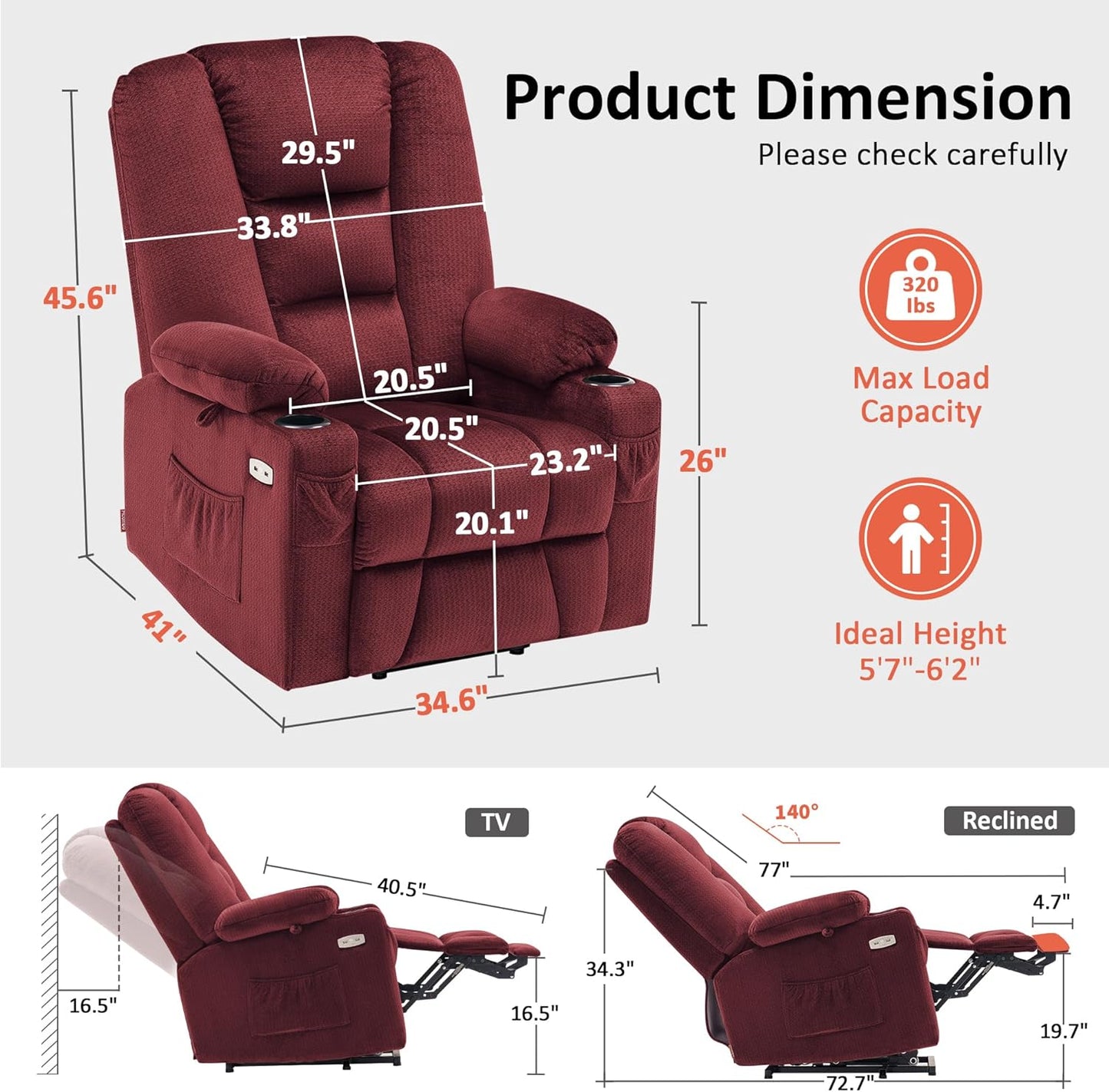 MCombo Large Power Lift Recliner Chair Sofa with Massage and Heat for Big and Tall Elderly People, 3 Positions, Cup Holders, and USB Ports, Fabric 7549 (Large, Burgundy)