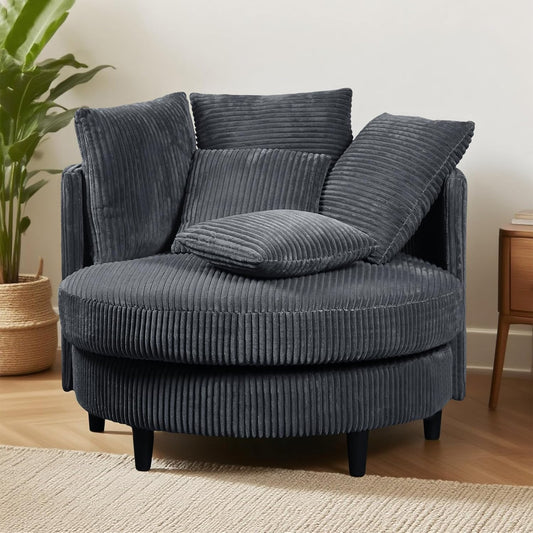 41" Oversized Accent Barrel Chair Large Round Chair, Modern Upholstered Circle Accent Chair with Legs & 5 Pillows for Living Room, Bedroom, Corduroy Chair, Grey