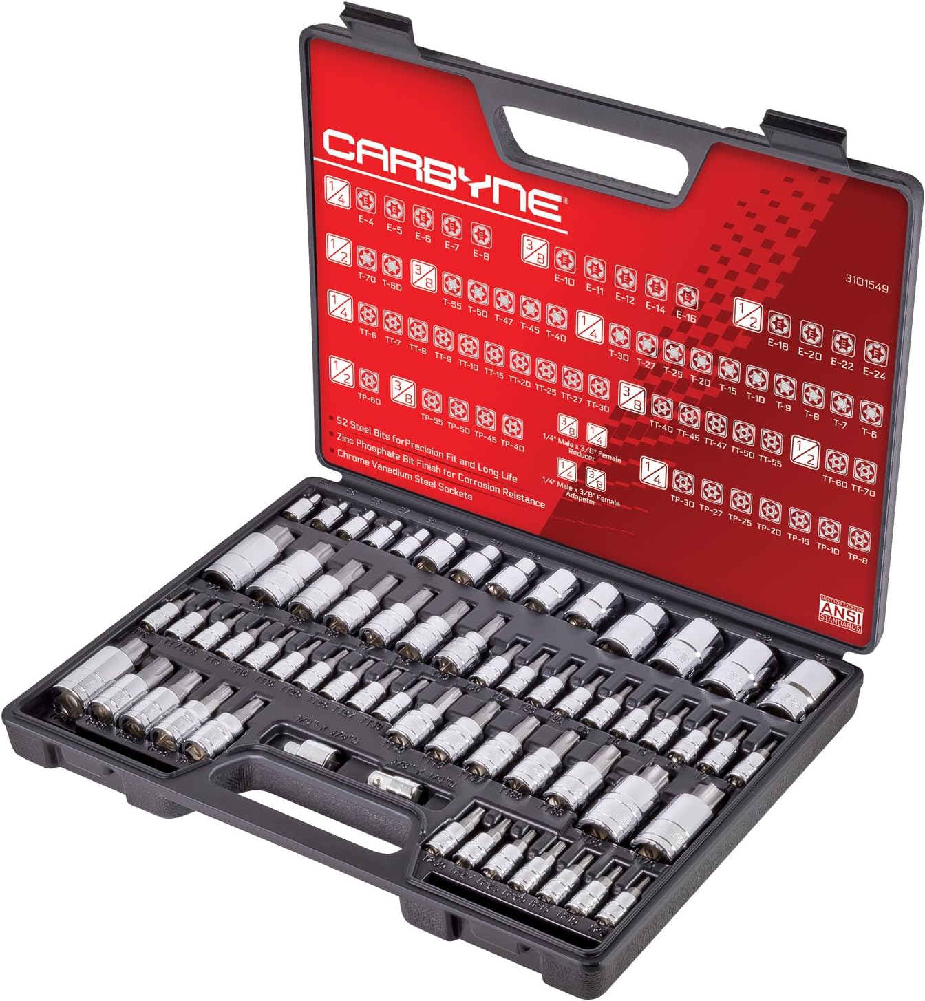 CARBYNE 62-Piece Master Torx Bit Socket Set & External (eTorx) Socket Set, Includes T6 - T70, TT6 - TT70, TP8 - TP60, E4 - E24| S2 Steel Bits, Cr-V Sockets, Durable Case | 1/4, 3/8, & 1/2 in. Drive