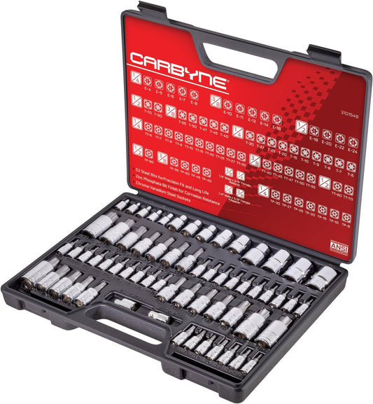 CARBYNE 62-Piece Master Torx Bit Socket Set & External (eTorx) Socket Set, Includes T6 - T70, TT6 - TT70, TP8 - TP60, E4 - E24| S2 Steel Bits, Cr-V Sockets, Durable Case | 1/4, 3/8, & 1/2 in. Drive