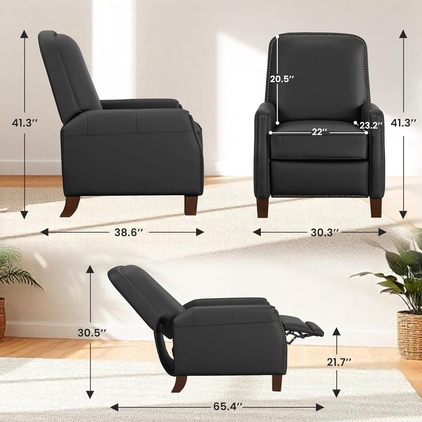 Simple Deluxe Mid-Century Modern Pushback Chair, Faux Leather Recliner Chair for Bedroom, Adjustable Single Upholstered Sofa with Brass Nailhead Trim, Recliners Armchair for Living Room, Black
