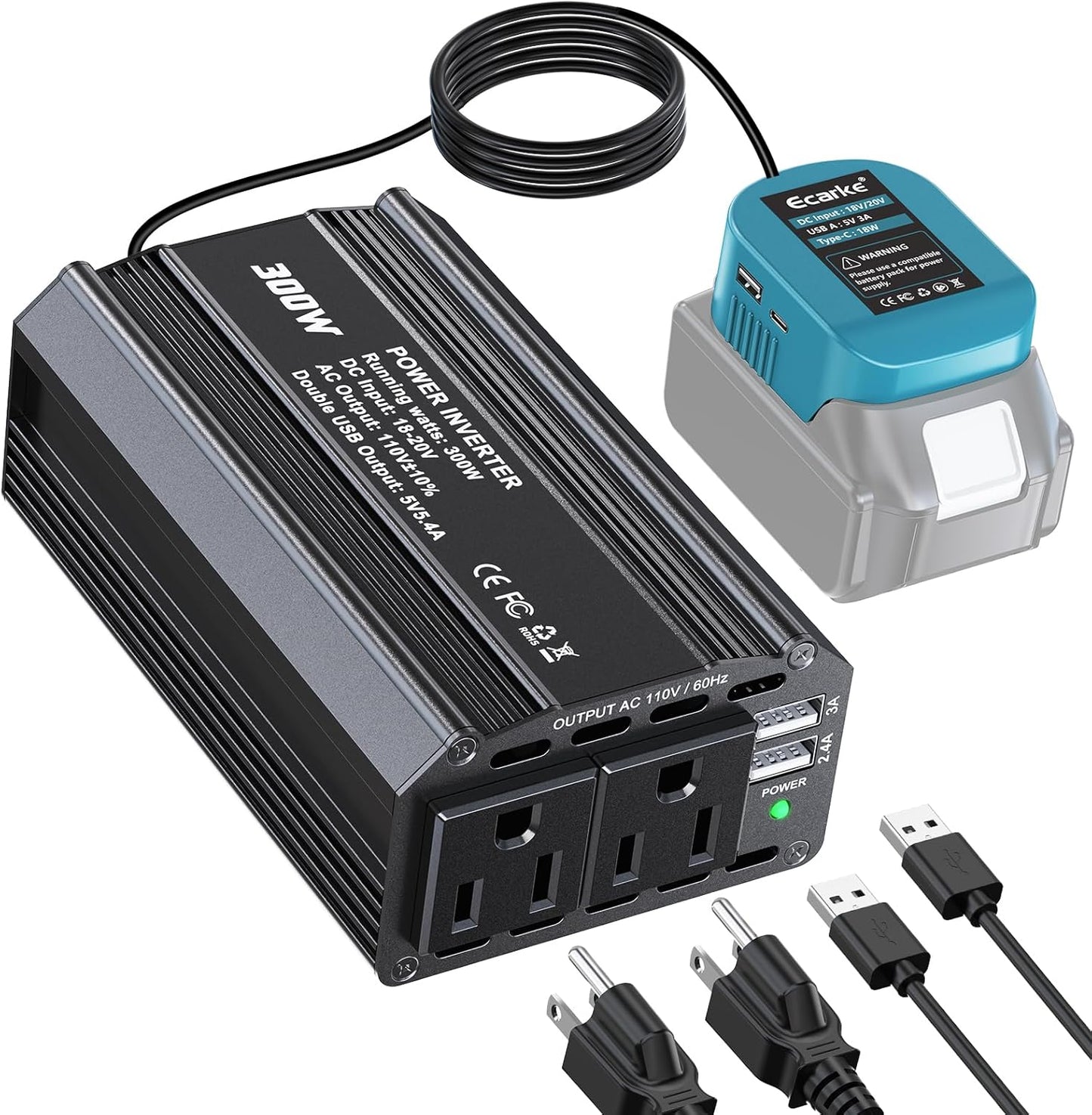 350W Power Inverter Compatible with DeWalt 20V Batteries: Ecarke Portable Power Outlet 2 AC Outlets 2 USB Phone Charger 2 Type-C, Generator DC 18V to AC 110V - Battery Adapter LED Light RGB Light
