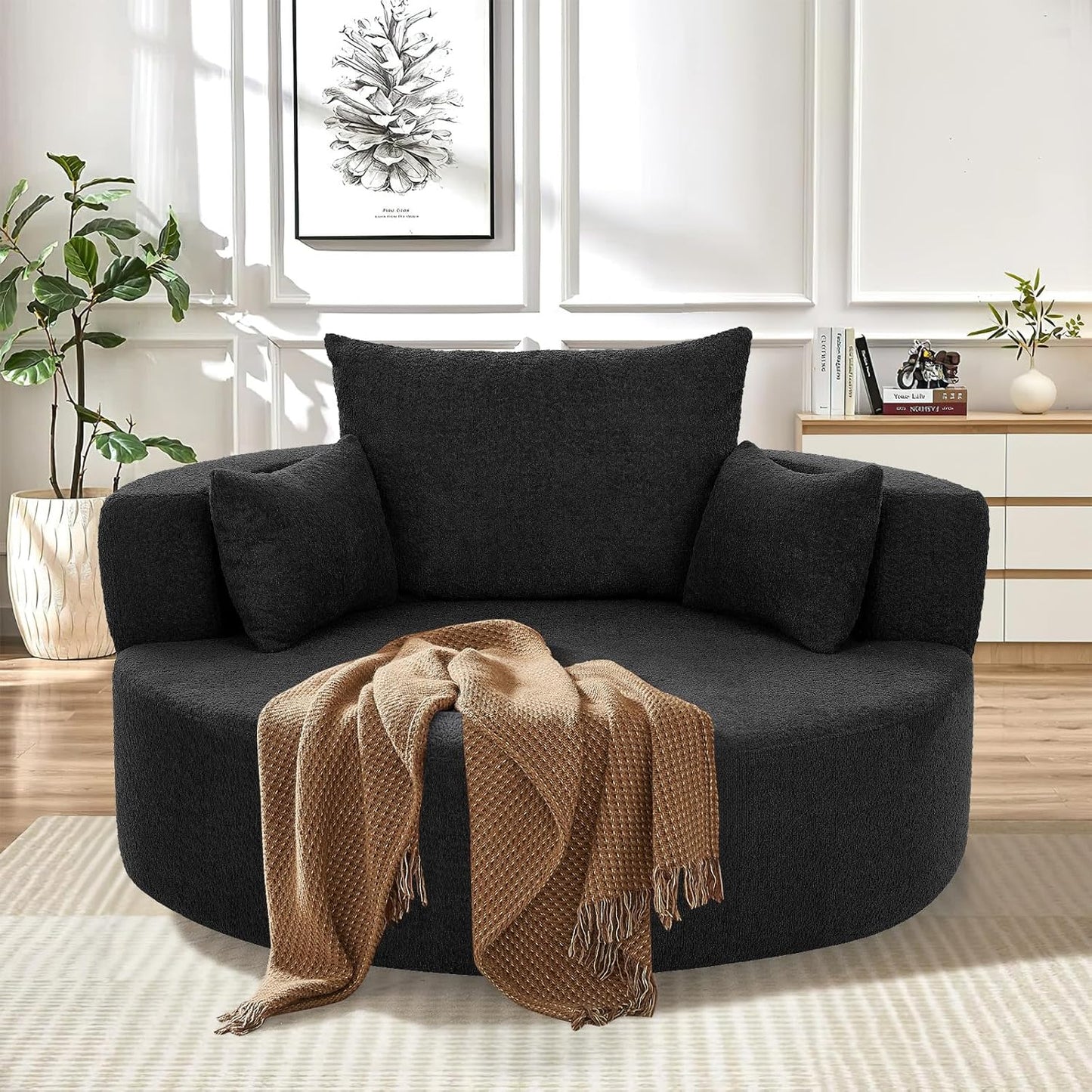 55"W Oversized Round Swivel Accent Barrel Chair,360° Rotating Upholstered Chenille Chaise Lounge Sofa Chair with Wide Armrests&Pillows,Large Modern Comfy Armchair for Living Room,Bedroom,Office(Beige)