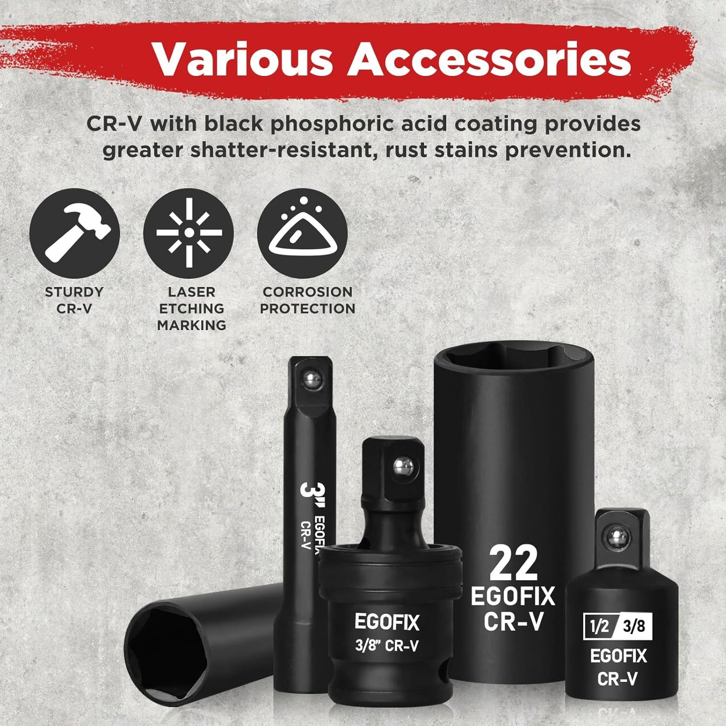 3/8" Drive Impact Socket Set, 50 Piece Standard SAE (5/16 to 3/4 inch) and Metric (8-22mm) 6 Point, with Adjustable Ratchet Handle, Extension Bars, Impact Universal Joint, Adapter, Cr-V Steel