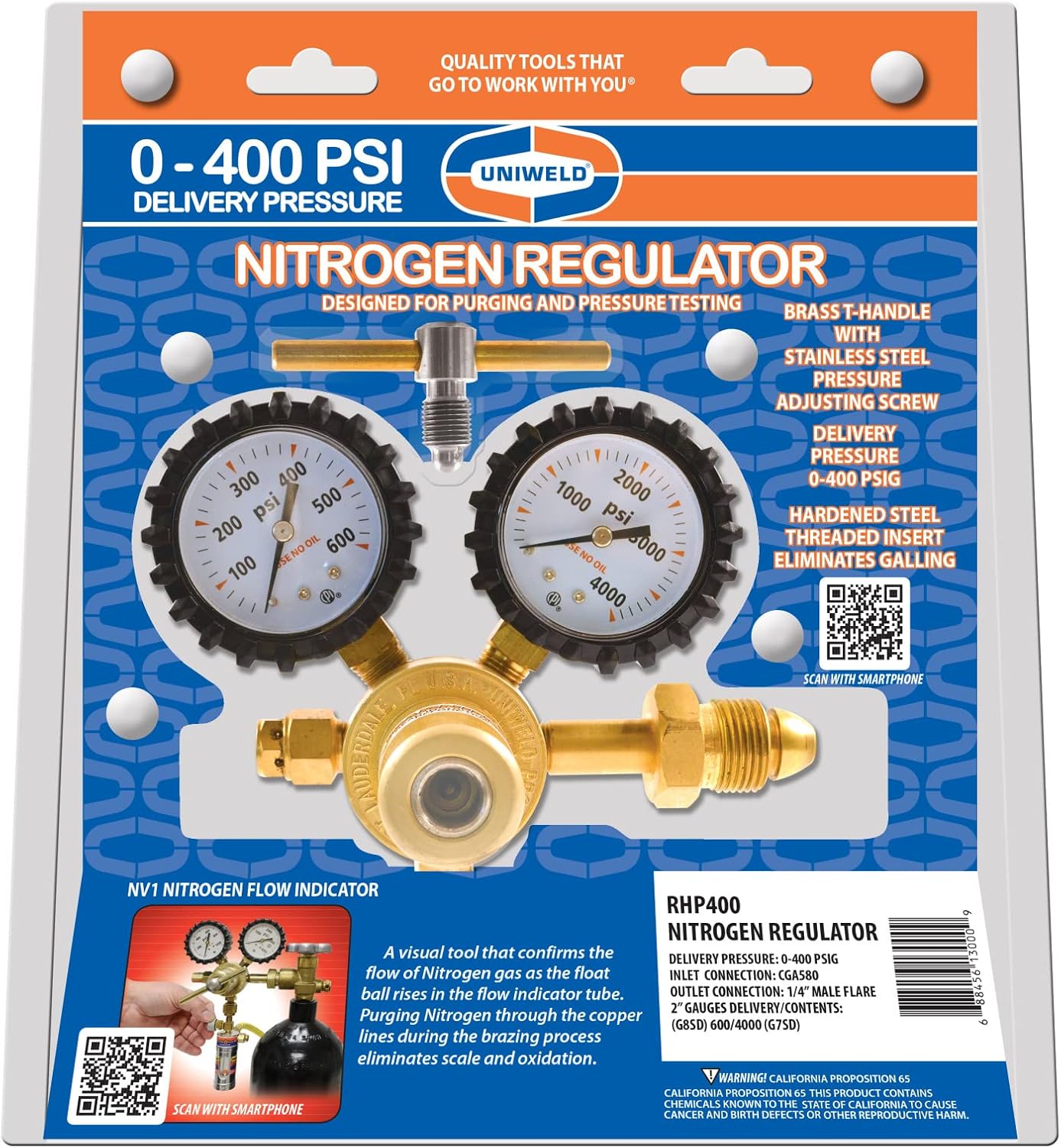 Uniweld RHP400 Nitrogen Regulator with 0-400 PSI Delivery Pressure, CGA580 Inlet Connection and 1/4-Inch Male Flare Outlet Connection