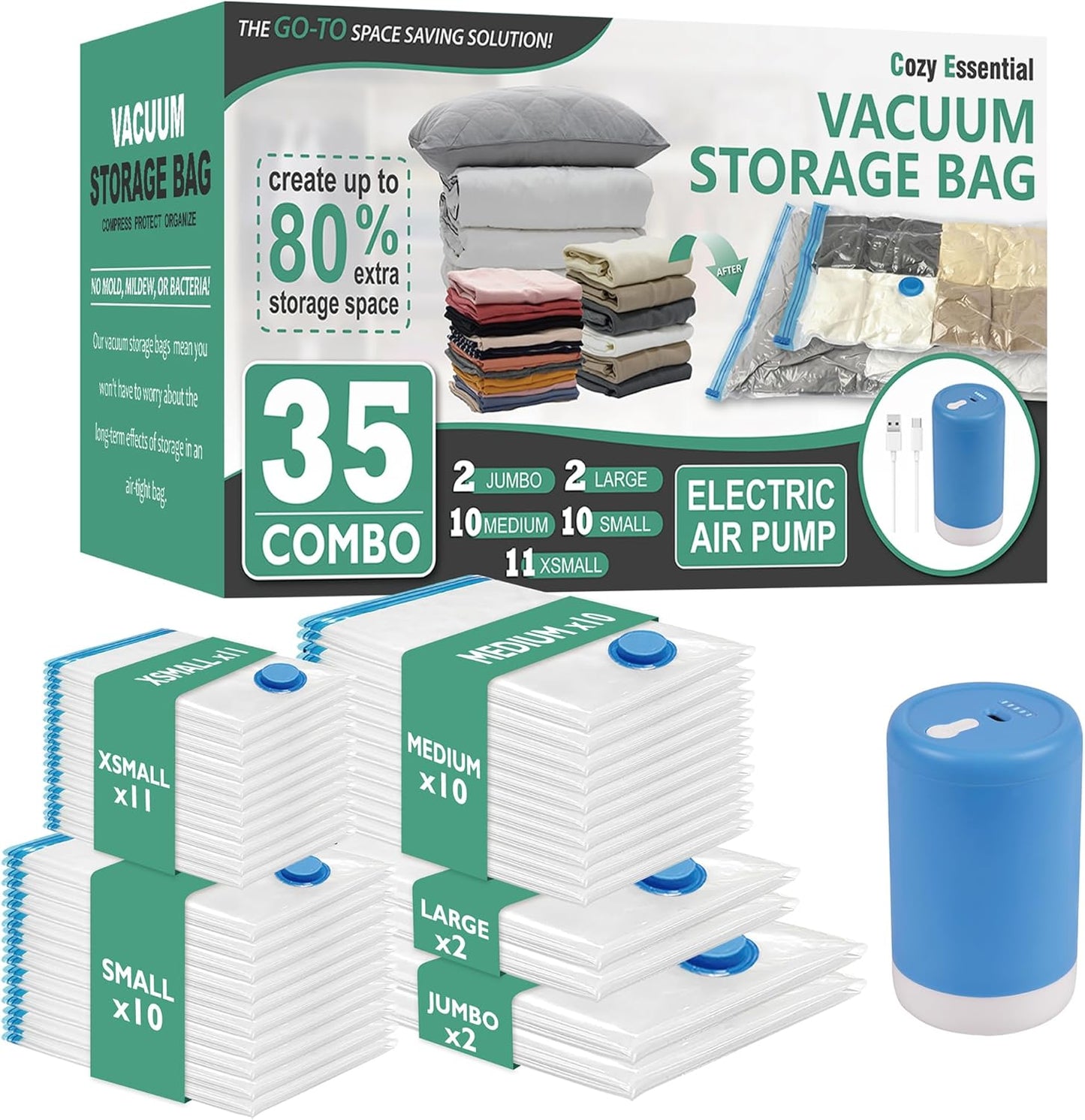 20 Pack Vacuum Storage Bags, Space Saver Bags (4 Jumbo/4 Large/4 Medium/4 Small/4 Roll) Compression for Comforters and Blankets, Sealer Clothes Storage, Hand Pump Included