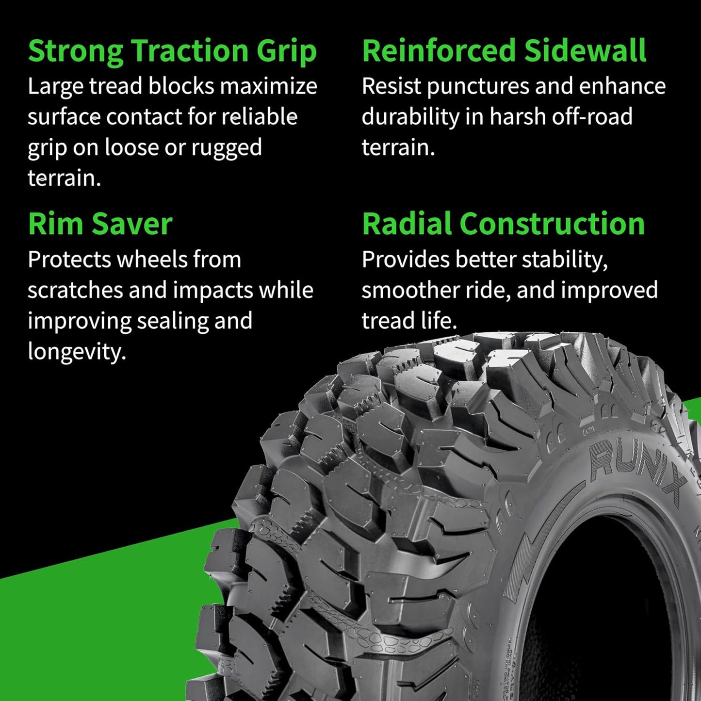 RUNIX ATV UTV Radial Tires, RUNIX TerraVance, 27X9R14 Front, 27X11R14 Rare, Set of 4, Radial Tire, All Terrain, 6PR, Tubeless