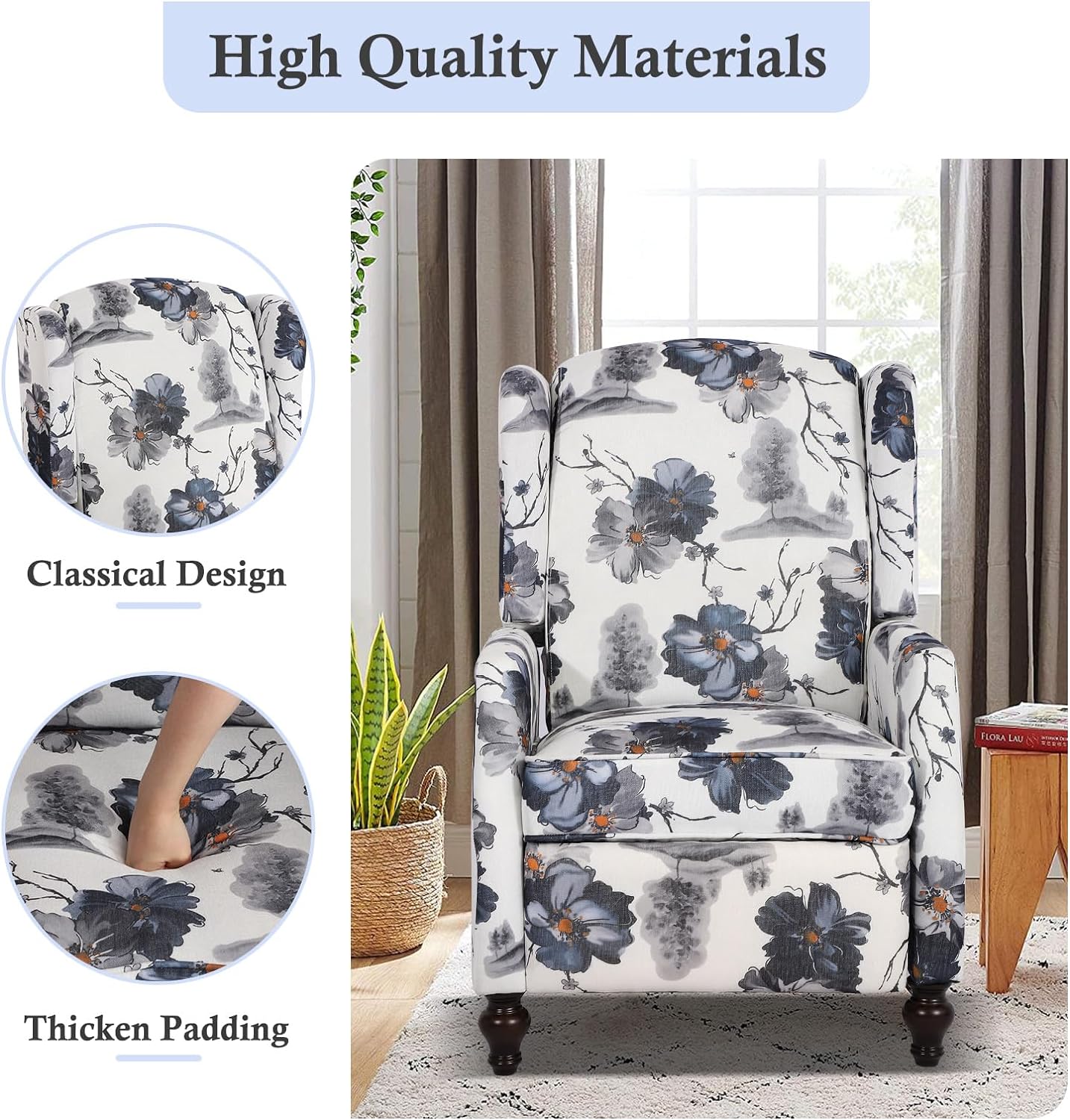 Wingback Recliner Chair - Tufted Arm Chair Recliner - Fabric Push Back Single Sofa for Living Room Adjustable Backrest (Pair, Blue Floral)
