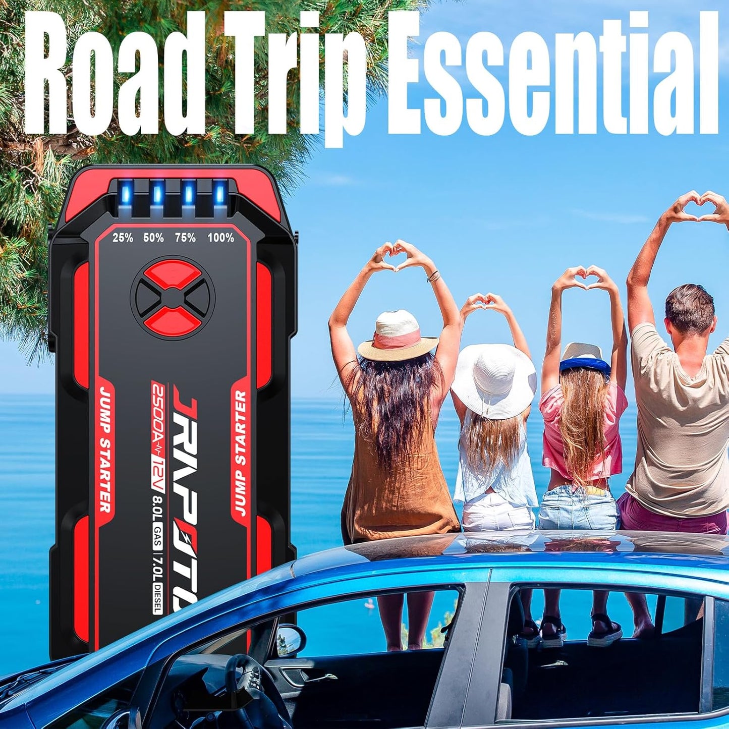 Car Jump Starter, 2500A Peak Jump Box,Battery Jumper Starter Portable,12V Car Starter Jump Box for 8.0L Gas and 7.0L Diesel Cars with USB Ports，LED Flashlight