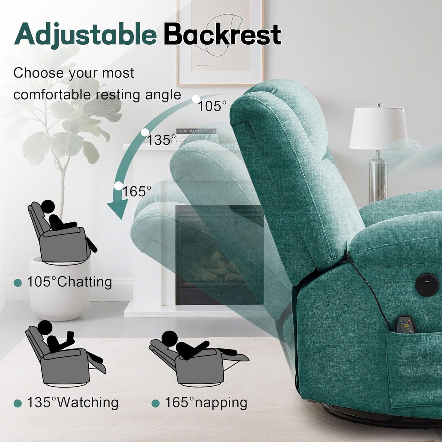 Rocker Recliner, Glider Recliner Chairs for Adults, 360° Swivel Rocking Chair with Massage and Heating, Nursery Chair with Storage and USB Charging for Living Room, Bedroom, Nursery