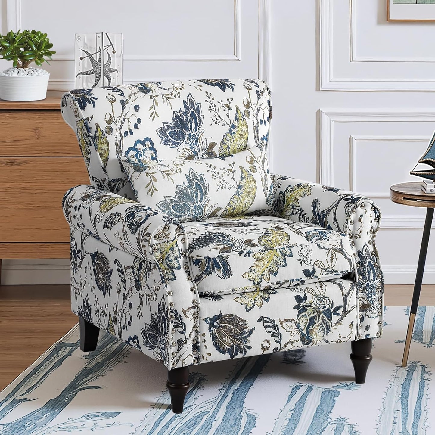 Wingback Accent Chair with Removable Pillow, High Back Floral Armchair with Solid Wood Legs & Nailhead Trim, Comfy Upholstered Reading Single Sofa Chair for Bedroom (2, Blue Floral Pattern)