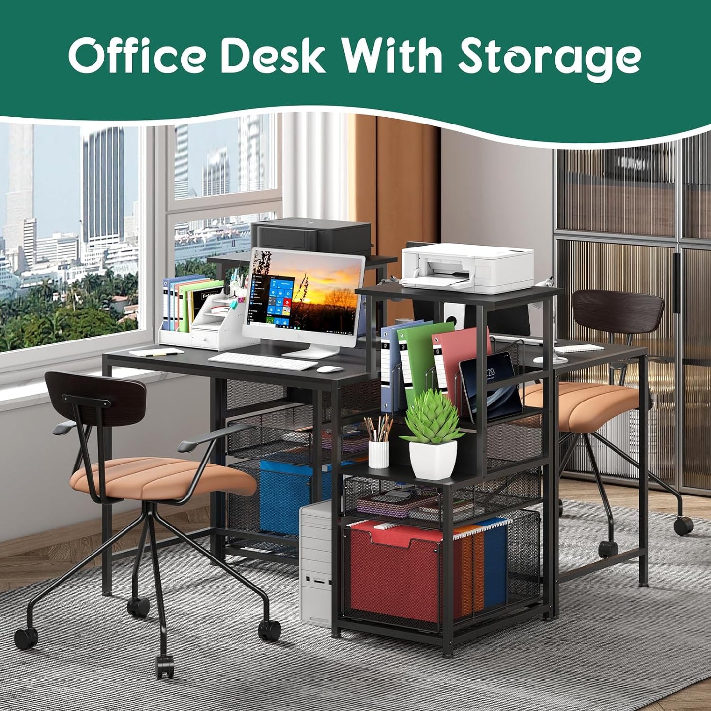 X-cosrack 47" Computer Desk with 2 Mesh File Drawers, Home Office Desks with Shelves, Printer Space, Study Writing and Gaming Table with 3 Vertical File Holders for Small Space, Bedroom, Dorms, Black