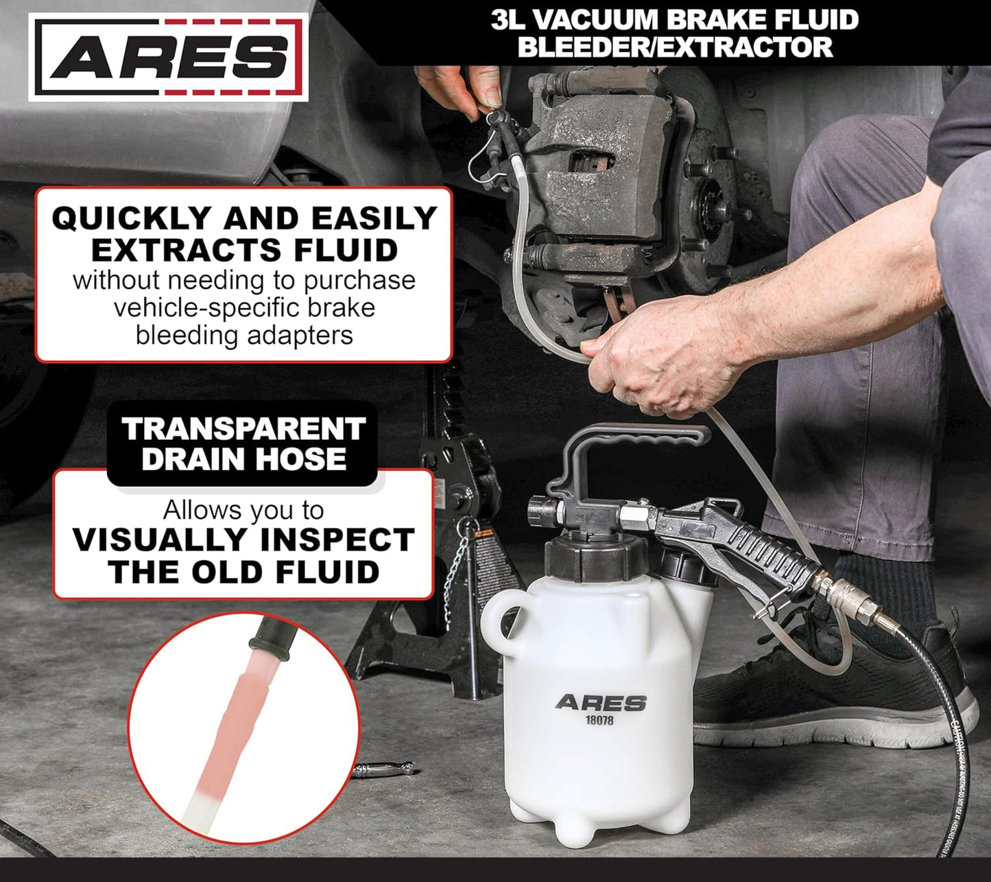 ARES 18078 – 3-Liter Vacuum Brake Fluid Bleeder – 3L Fluid Extractor Connects to Standard Shop Air Supply – Manual Trigger Locks for Hands-Free Use – Bleeds from Caliper Without Need for Adapters