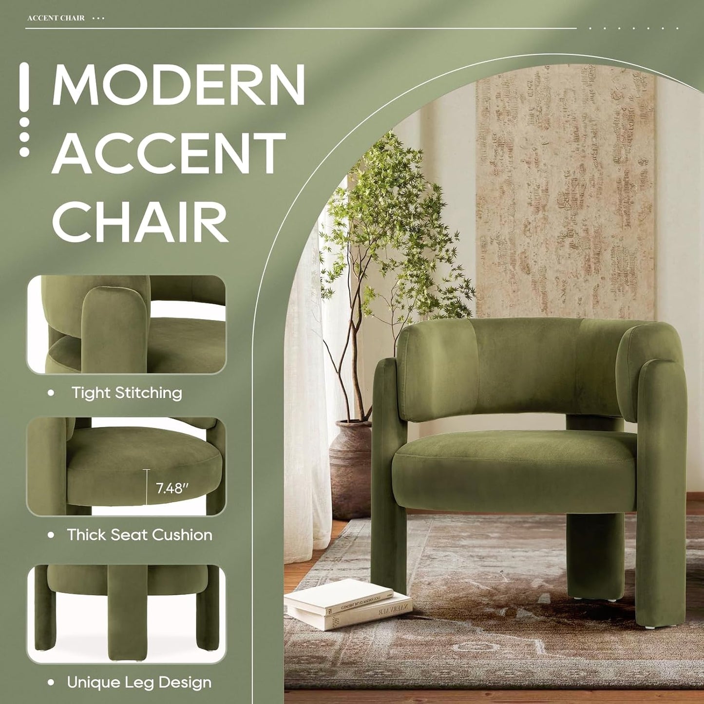 COLAMY Modern Velvet Accent Chair Set of 2, Upholstered Barrel Chairs, Comfy Side Arm Chairs with 3 Legs for Living Room, Bedroom, Reading, Green