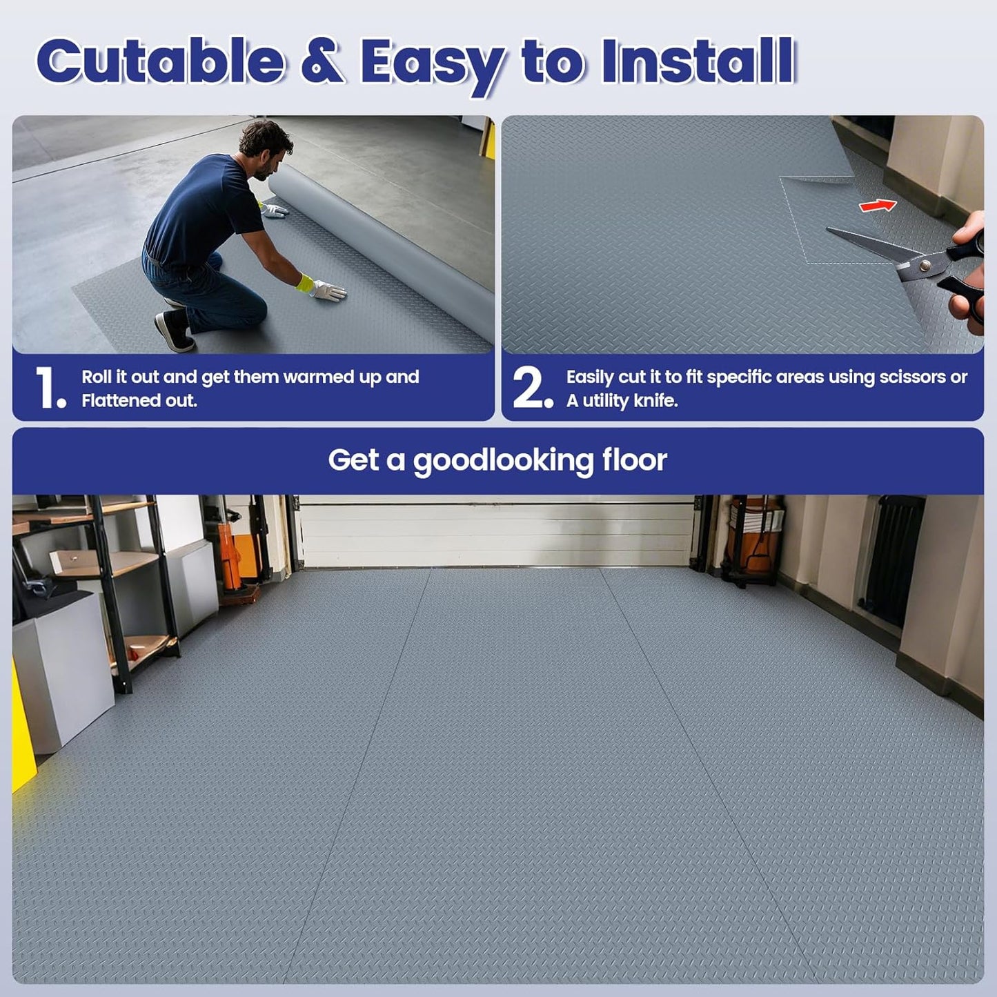 TRIPOWER Heavy Duty Garage Floor Mats - 7.5 x 20 FT, Diamond Plate, Anti-Slip and Waterproof PVC Garage Flooring Roll for Under Car, Trailer, Porch, Grey