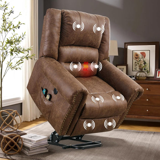VIVIJASON Electric Power Lift Recliner Chair for Elderly, Heated Vibration Recliners Chair Massage Lounge Single Sofa Living Room Chair with 2 Remote Controls, Side Packets & USB Port, Nut Brown