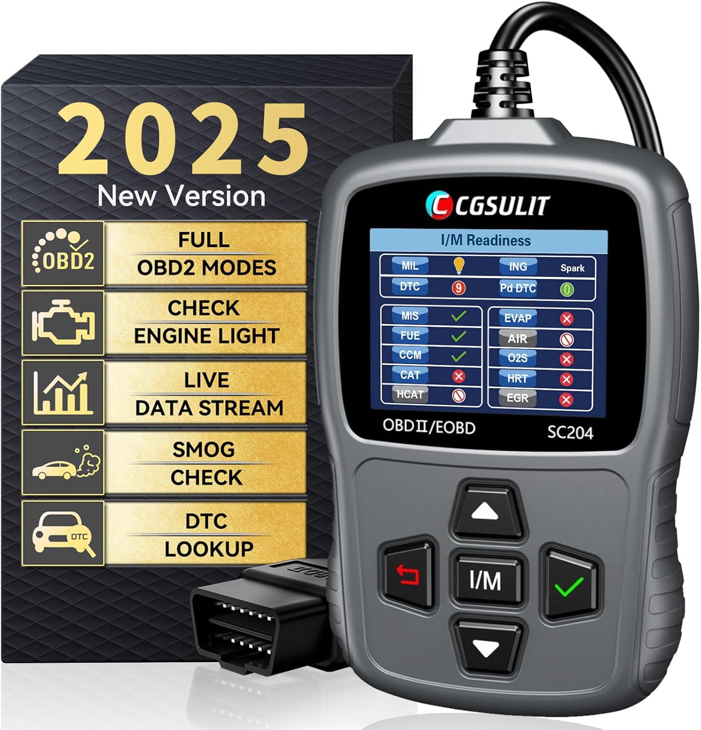 CGSULIT Scan Tool SC204 OBD2 Scanner, Check Engine Light Code Reader with Reset, One-Click I/M, Clear Error Code, DTC Lookup & More, Car Diagnostic Tool for All OBDII/EOBD Vehicles After 1996, Grey