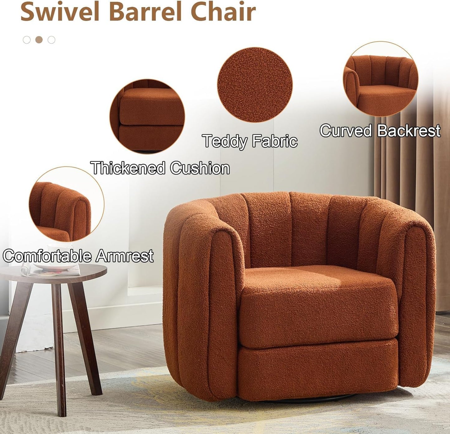 Swivel Accent Chairs Set of 2 for Living Room, Pumpkin Shaped Single Club Sofa Chair, Teddy Fabric 360 Degree Round Swivel Barrel Armchair for Home Bedroom Apartment Office (Brown)