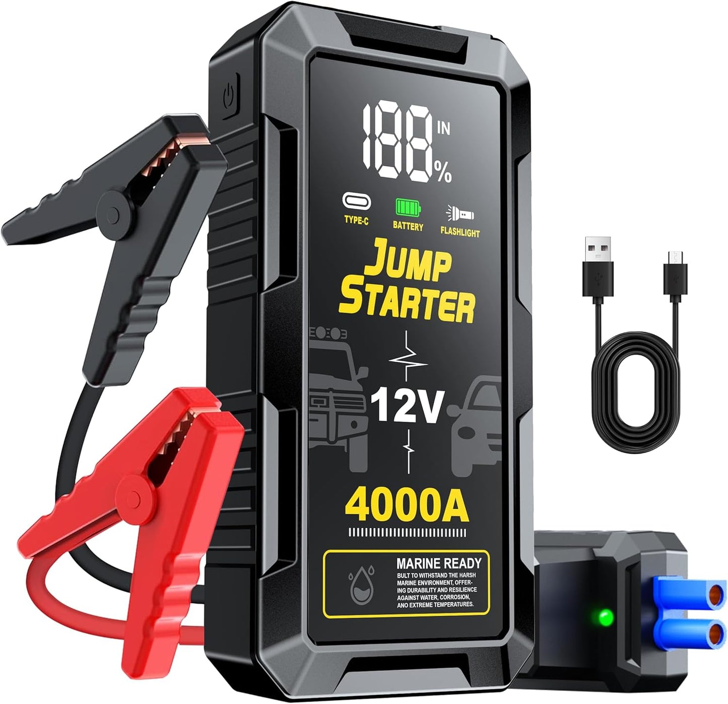 Car Jump Starter 6000A, 12V Jump Starter Battery Pack (All Gas,up to 10.0L Diesel Engine) Jumper Cables Portable Lithium Jump Box, USB Output and LED Light