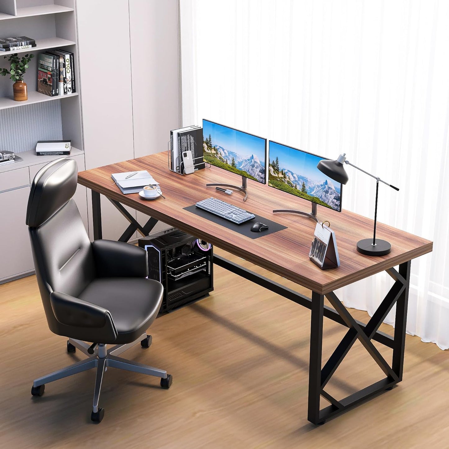 YOHKOH 59" Home Office Desk, Extra-Wide 23.6" Workspace with 1.38IN Thick Top, Heavy-Duty Z-Shaped Carbon Steel, 10-Min 2-Person Assembly, for Executive/Office/Home Study, Walnut Brown