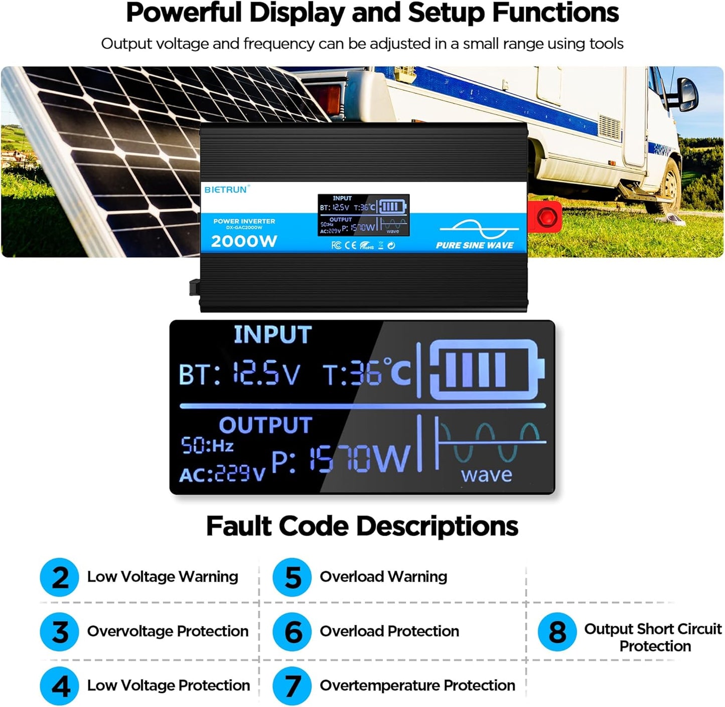 2000W Pure Sine Wave Inverter, Car Power Inverter 12V to 120V AC Converter for RV, Truck, Solar, with 4 AC, 3 USB(5V 2.1A), Hardwire Port, Remote Controller, HD Display, Mult Protection, Surge 4000W