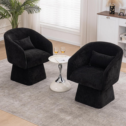 Swivel Accent Chairs Set of 2, Upholstered Barrel Chair with a Soft Backrest, 360 Degree Swivel Armchair, Reading Corner Chairs for Living Room, Bedroom, Waiting Room, Club, Adults, Black