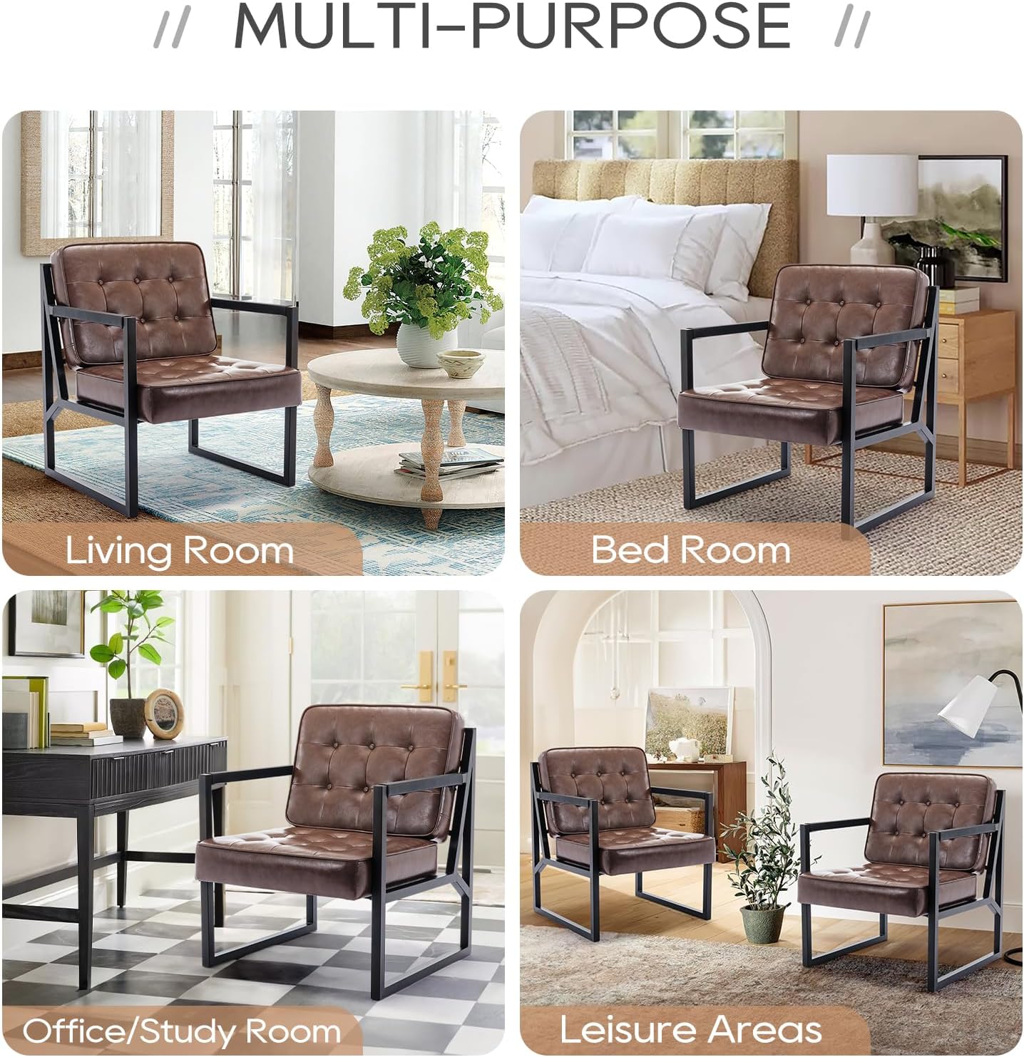 COLAMY Leather Accent Chairs Set of 2, Accent Arm Chairs for Living Room, Comfy Leather Armchairs with Metal Legs for Bedroom Reception Room, Brown