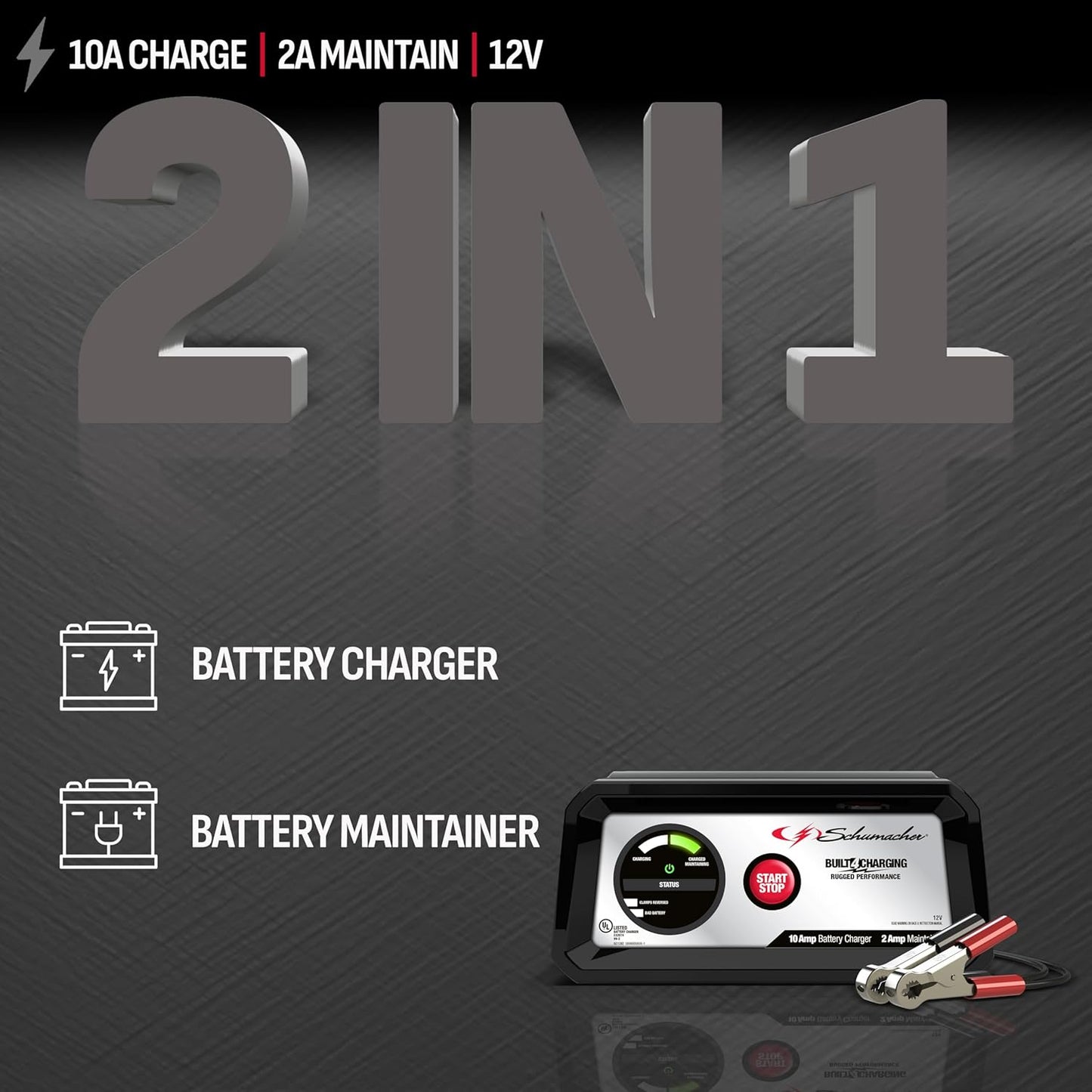 Schumacher Electric 10A Car Battery Charger and Maintainer, 3-in-1 Solution, for 12V Power Sport, Automotive, and Marine Batteries, SC1282