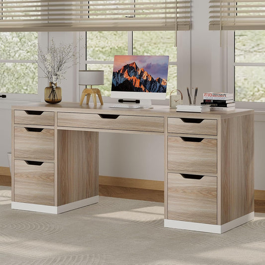 54 Inch Computer Desk with Storage Drawers, Executive Desk with 7 Drawers for Bedroom, Office Desk with File Cabinet for Work Study Writing, Small Spaces, White and Walnut