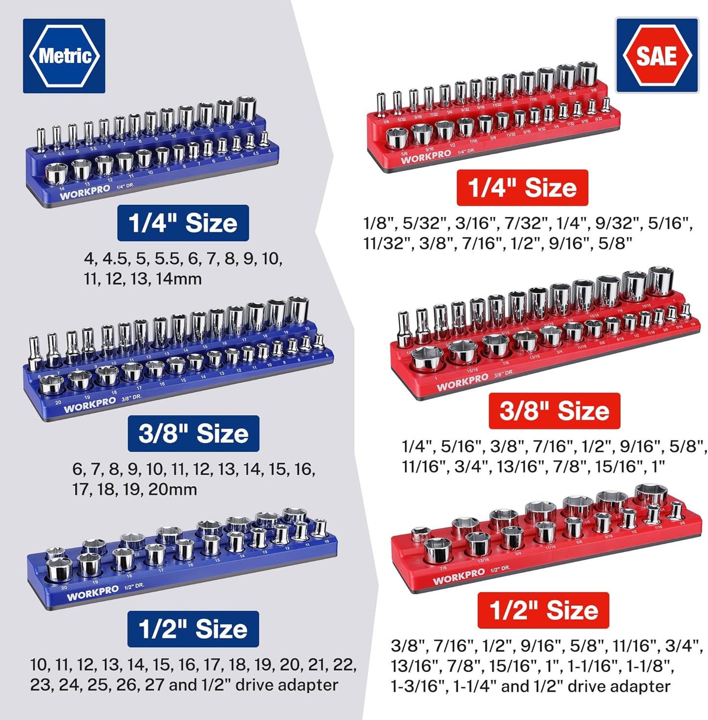 WORKPRO 8-Piece Magnetic Socket Organizer and Magnetic Wrench Organizer Set, Socket Holder Set 1/4", 3/8", 1/2" Drive Metric SAE Socket Storage, Metric SAE Wrench Holder(Socket, Wrench not Included)