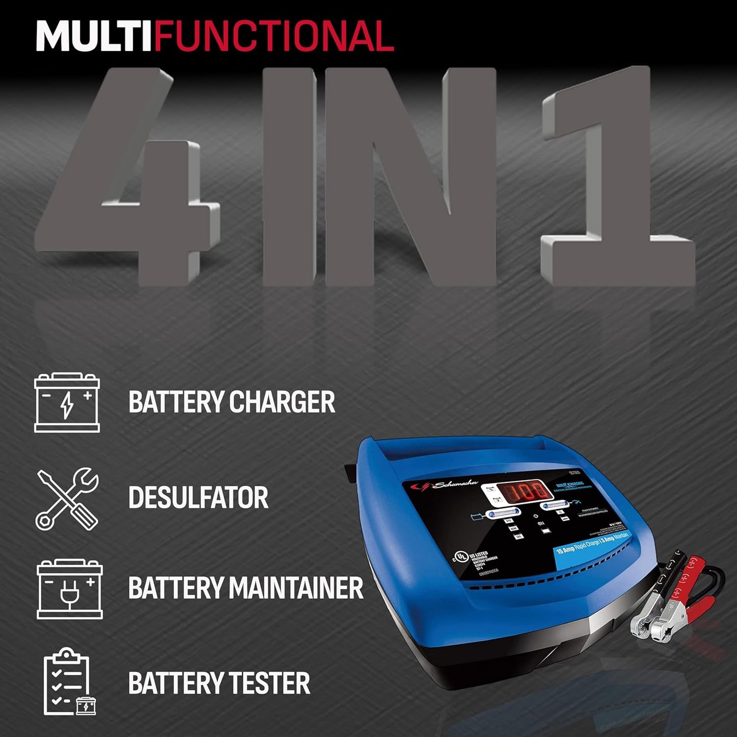 Schumacher Electric Ship ‘n Shore 15A Car Battery Charger and Maintainer, 4-in-1 Solution, Battery Tester, for 6V/12V Power Sport, Automotive, and Marine Batteries, SC1360